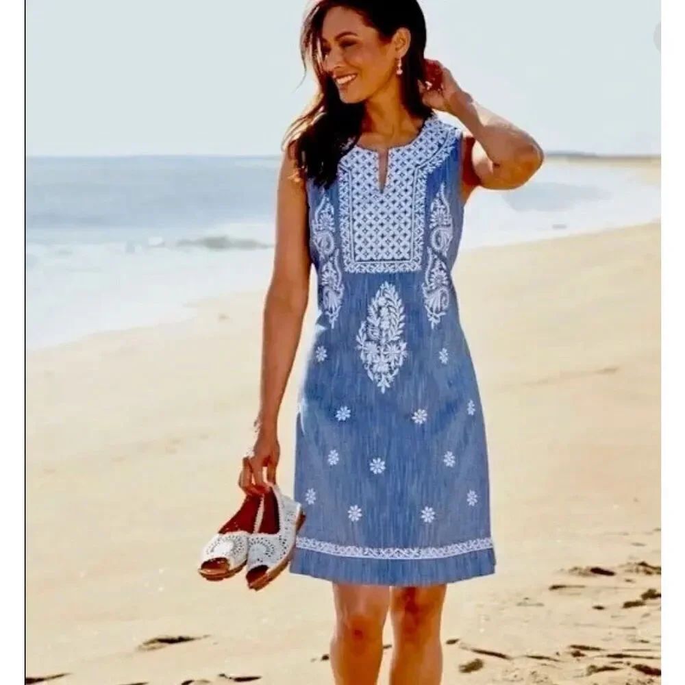 Roller Rabbit Faith chambray blue embroidered dress S